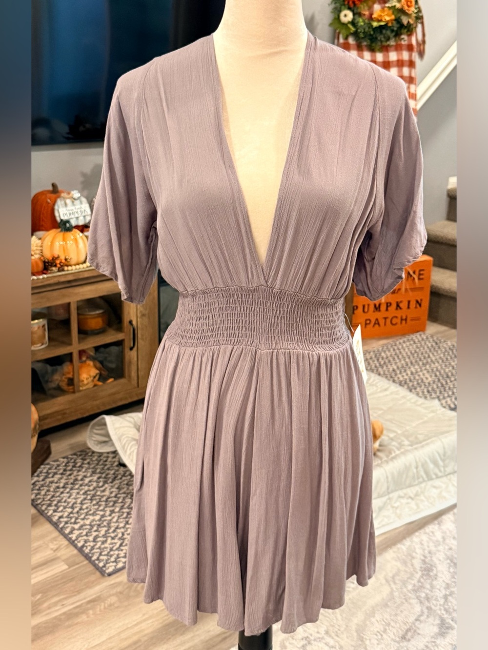 Final Touch - Dusty Mauve V-Neck Smocked Waist Romper